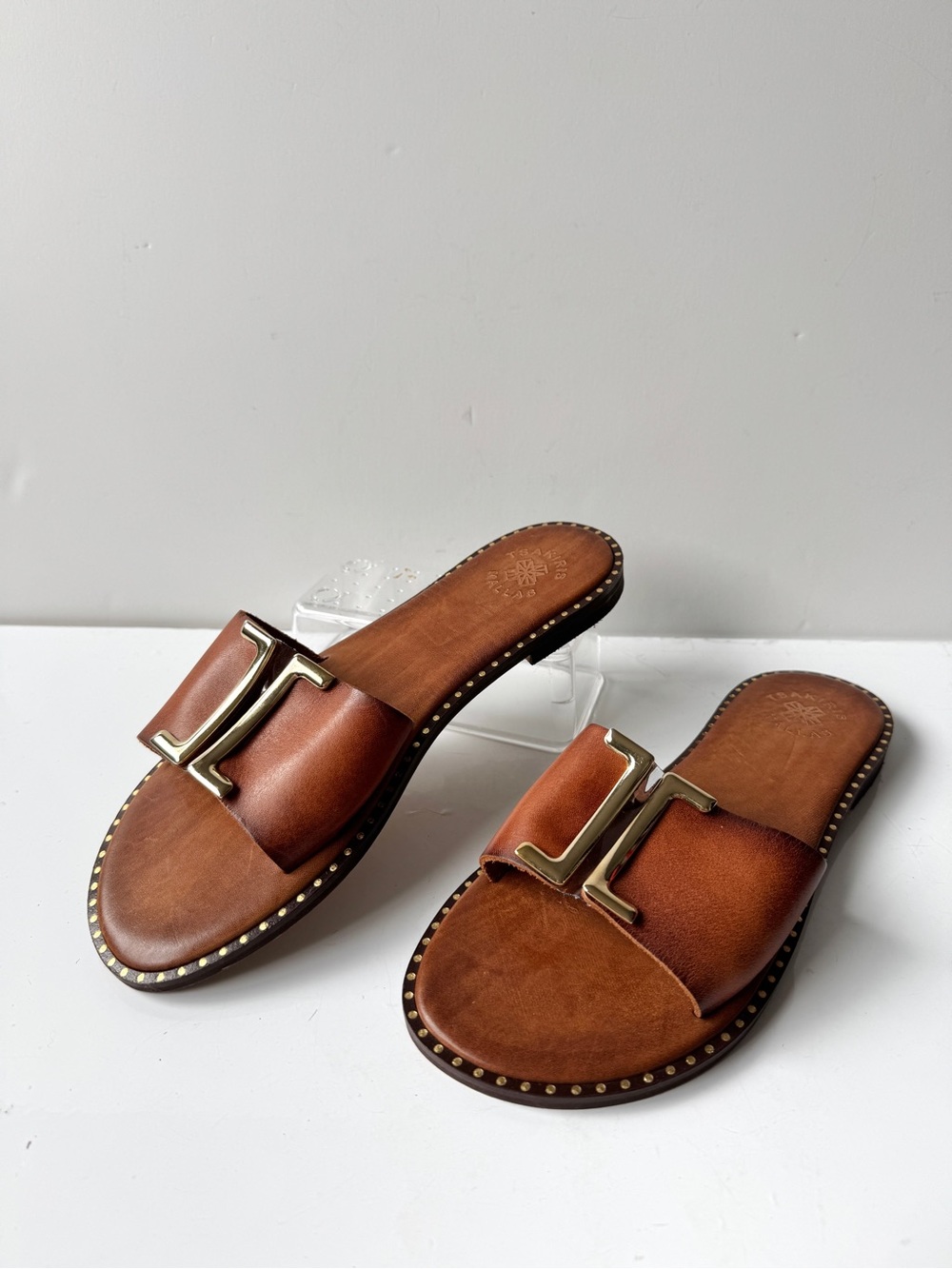 Tsakiris Mallas Brown Leather Slide Sandals with Gold Accent Size 40